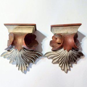 Pair (2) Shabby Chic Wall Shelf Sconce Corbels Gold Red Ivory Distressed 7x 6.25